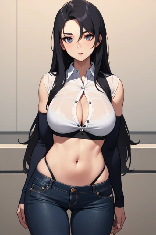 A beautiful woman transforms into she hulk. Her white shirt gets tighter as her arms rip through her sleeves and her buttons pop revealing her black bra. Her black jeans become tight while her legs rip through them.