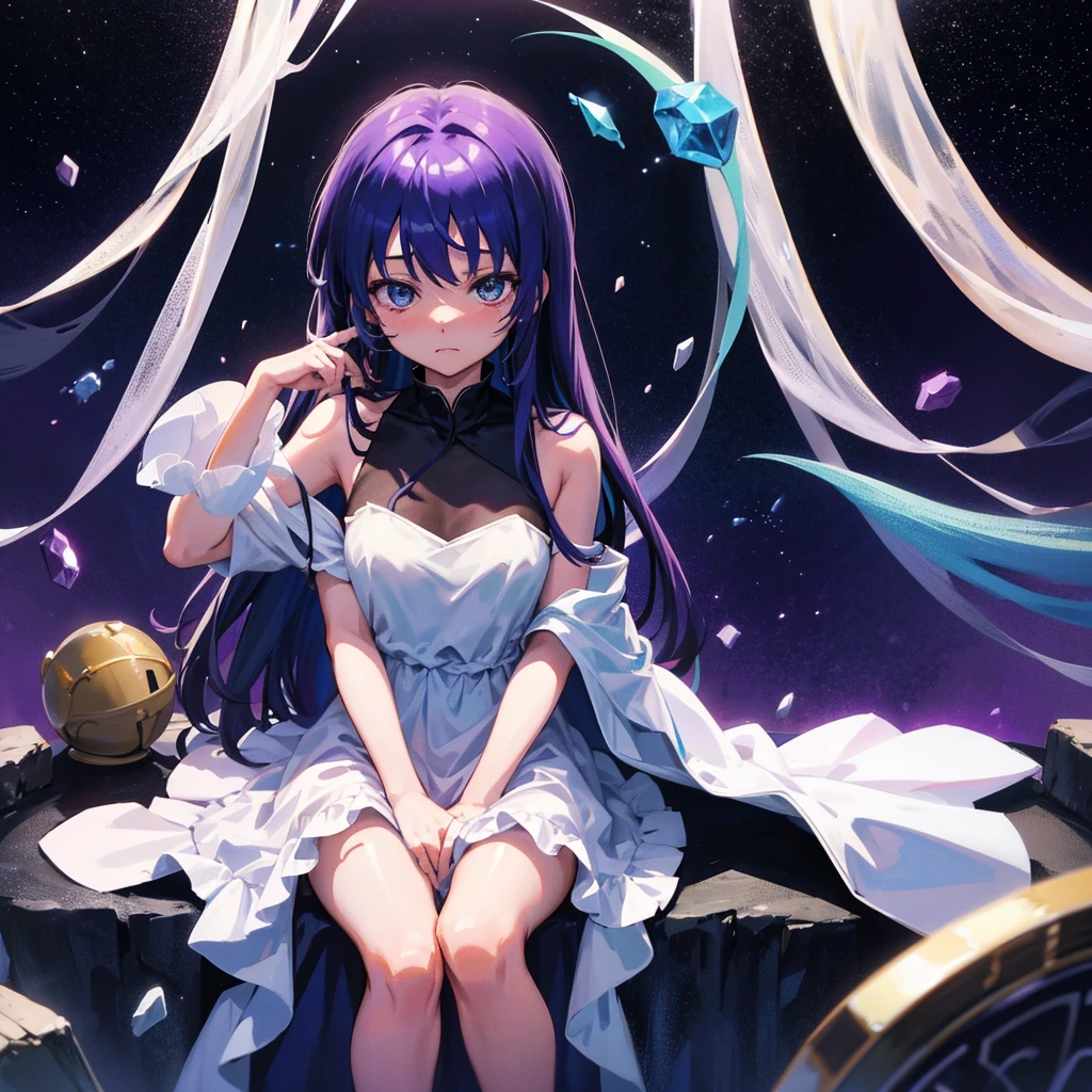Gemstones Space Background Sitting on the throne When Higurashi Cries Furude Rika White dress
