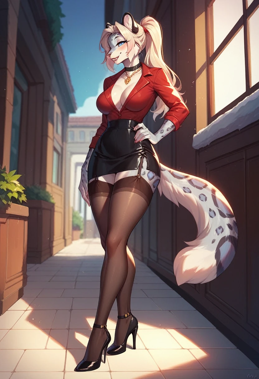 beautiful, female anthro snow leopard,adult ,25yo,Ponytail, work clothes, pantyhose ,walk, heeled