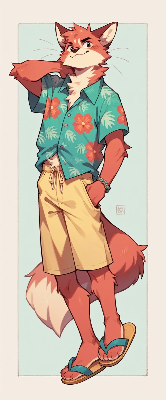 Pale red fluffy cat in a full-length turquoise Hawaiian shirt and flip-flop slippers