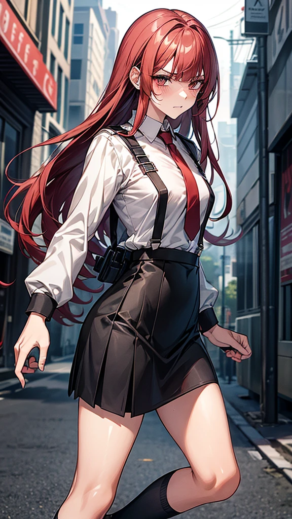 {{masterpiece}}, {{{Highest quality}}},{{Very detailed}}, {{figure}},{{tall}},{{Adult female}},,{{Fighting stance}},{from side},{{Long sleeve mini skirt uniform}},{}},}}{}},{fighting stance}},{},{}, ,{{street fight}},{{Eyelet foot}},,{{blushing with anger}},{{}},,{{}},{{}},,Slender body}}{{}}{{Female police officer}},,,,suspenders ,Long sleeve mini skirt uniform, White High Socks,Black fingerless gloves, Long Red Hair, Red tie,Straight hair ,Blunt bangs,Thigh holster,.amountn loafer,,blush,Wrinkles ,amount,Grit your teeth,suffering,v-shaped eyebrows.,Sweat dripping,Medium chest ,get annoyed,,Slums,,Twisting,