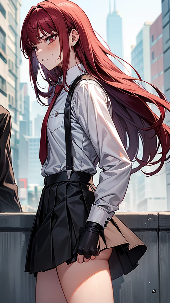 {{masterpiece}}, {{{Highest quality}}},{{Very detailed}}, {{figure}},{{tall}},{{Adult female}},,{{Fighting stance}},｛from side｝,{{Long sleeve mini skirt uniform}},{}},}}{}},{fighting stance}},{},{}, ,{{street fight}},{{Eyelet foot}},,{{blushing with anger}},{{}},,{{}},{{}},,Slender body}}{{}}{{Female police officer}},,,,suspenders　,Long sleeve mini skirt uniform, White High Socks,Black fingerless gloves, Long Red Hair, Red tie,Straight hair ,Blunt bangs,Thigh holster,.amountn loafer,,blush,Wrinkles ,amount,Grit your teeth,suffering,v-shaped eyebrows.,Sweat dripping,Medium chest ,get annoyed,,Slums,,Twisting,