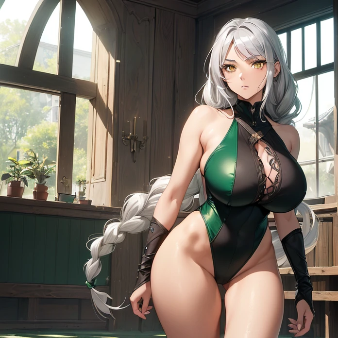 (Master piece, absurdres, best high quality image, high fantasy genre, carefully detailed textures, detailed image and background, solo character, front view)
{{(1character: 27 years old silver hair girl: (tanned skin, yellow eyes, long silver hair tied in a braid, beautiful face, beautiful voluptuous figure, beautiful legs, beautiful arms, big breasts, beautiful hips, agressive demeanor, serious expression, walking around seriously), (green and black leotard, green wristbands, black heeled shoes), (military training room))}}