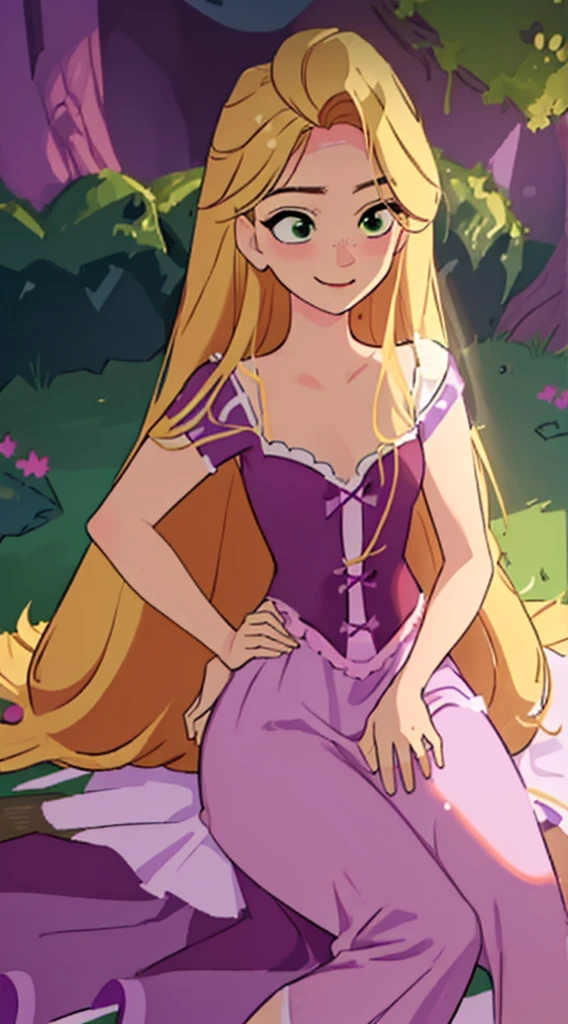 (masterpiece, best quality, high resolution:1.4), rapunzel, green eyes, purple princess dress, skirt long, (loose hair:1.3), unable to get up or move, exhausted, beaten down, (lies flat on her back:1.0),(defeated in combat:1.0), (Rapunzel lies down flat on her back, defeated in combat), dazed & confused, looking at viewer, smile, outdoors, close angle to Rapunzel, direct shot: 1.0, line of action: 1.0, line of sight: 1.0