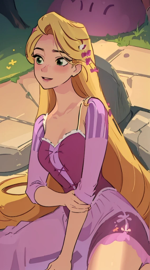 (masterpiece, best quality, high resolution:1.4), rapunzel, green eyes, purple princess dress, skirt long, (loose hair:1.3), unable to get up or move, exhausted, beaten down, (lies flat on her back:1.0),(defeated in combat:1.0), (Rapunzel lies down flat on her back, defeated in combat), dazed & confused, looking at viewer, smile, outdoors, close angle to Rapunzel, direct shot: 1.0, line of action: 1.0, line of sight: 1.0
