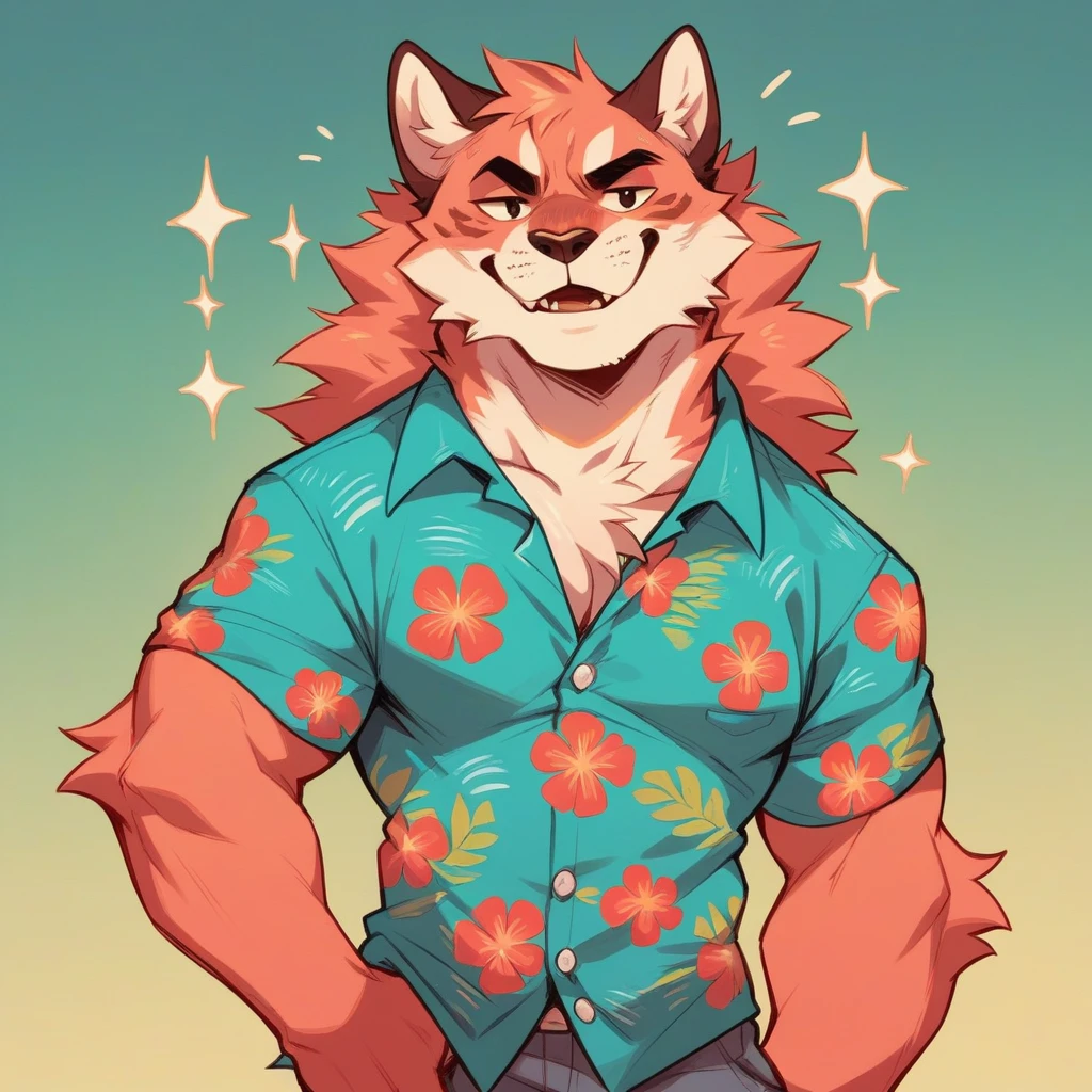 Pale red fluffy cat in a turquoise Hawaiian shirt