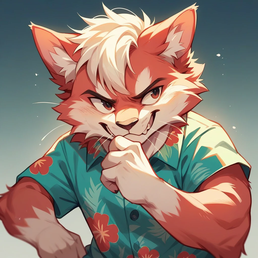 Pale red fluffy cat in a turquoise Hawaiian shirt