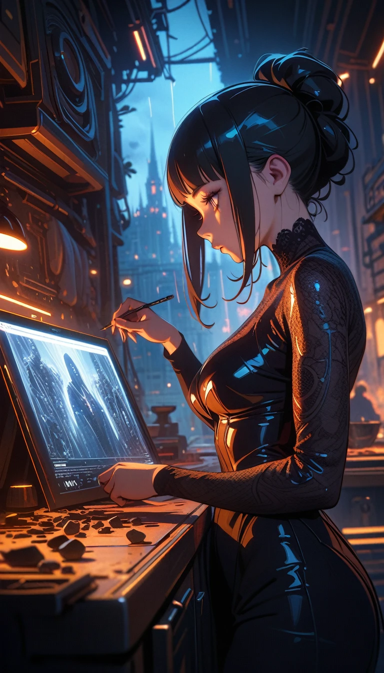 ((best quality)) , ((masterpiece)) , (detailed)，designed by ilya kuvshinov, giuseppe dangelico pino, Michael Garmash, rob rey and disney, digital art, (Woman:1.1) , wearing Lace Shuka, Best quality, Thunderstorm, blueprint, kitchen scenes, subdued tones, symbolist, intricate ironwork, unpredictable results, German Impressionism, drawing, cityscape, sci-fi, highly intricate, illustrious, detailed, delicate, fine polished,(((Lots of stones)))