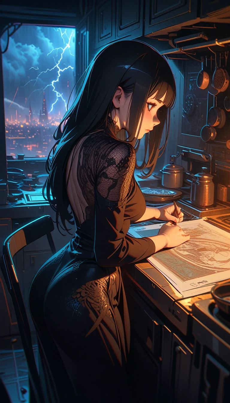 ((best quality)) , ((masterpiece)) , (detailed)，designed by ilya kuvshinov, giuseppe dangelico pino, Michael Garmash, rob rey and disney, digital art, (Woman:1.1) , wearing Lace Shuka, Best quality, Thunderstorm, blueprint, kitchen scenes, subdued tones, symbolist, intricate ironwork, unpredictable results, German Impressionism, drawing, cityscape, sci-fi, highly intricate, illustrious, detailed, delicate, fine polished,(((Lots of stones)))