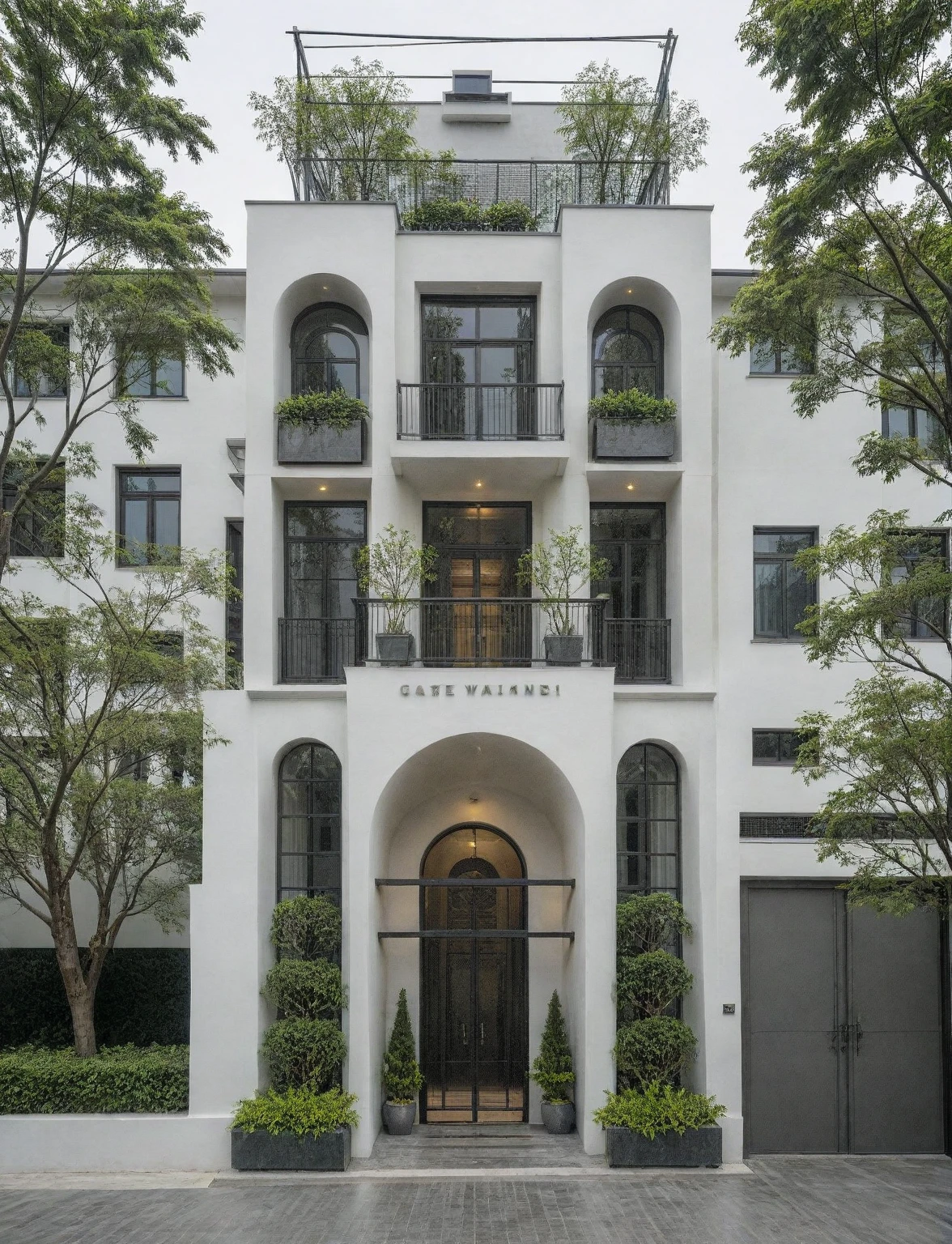 RAW photo, a photo of a modern house, (curvilinear chrchitecture:1.4), Wabisabi style rounded wall, white wall, steel dark gate, sidewalk, sidewalk trees, ((grey gate:1.2)), road, viet nam modern residence, ((architectural shot)), rough white wall, new residential area, wide angle exterior 2022, contemporary house, exterior photography, masterpiece, contemporary architecture, overcast, indirect lighting