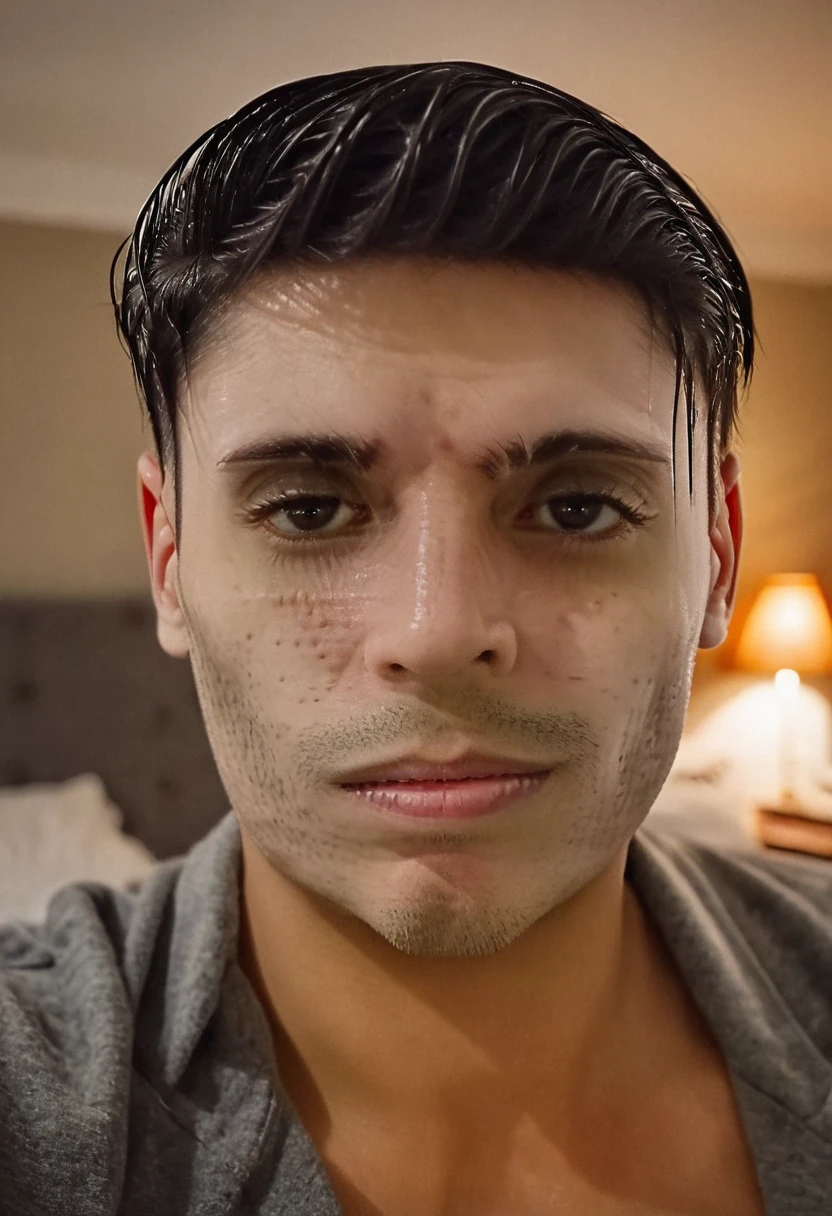 gu, a man taking a selfie in a bedroom, detailed facial features, high quality portrait, dramatic lighting, photorealistic, cinematic, moody atmosphere, warm color tones, shallow depth of field, beautifully lit, intricate details