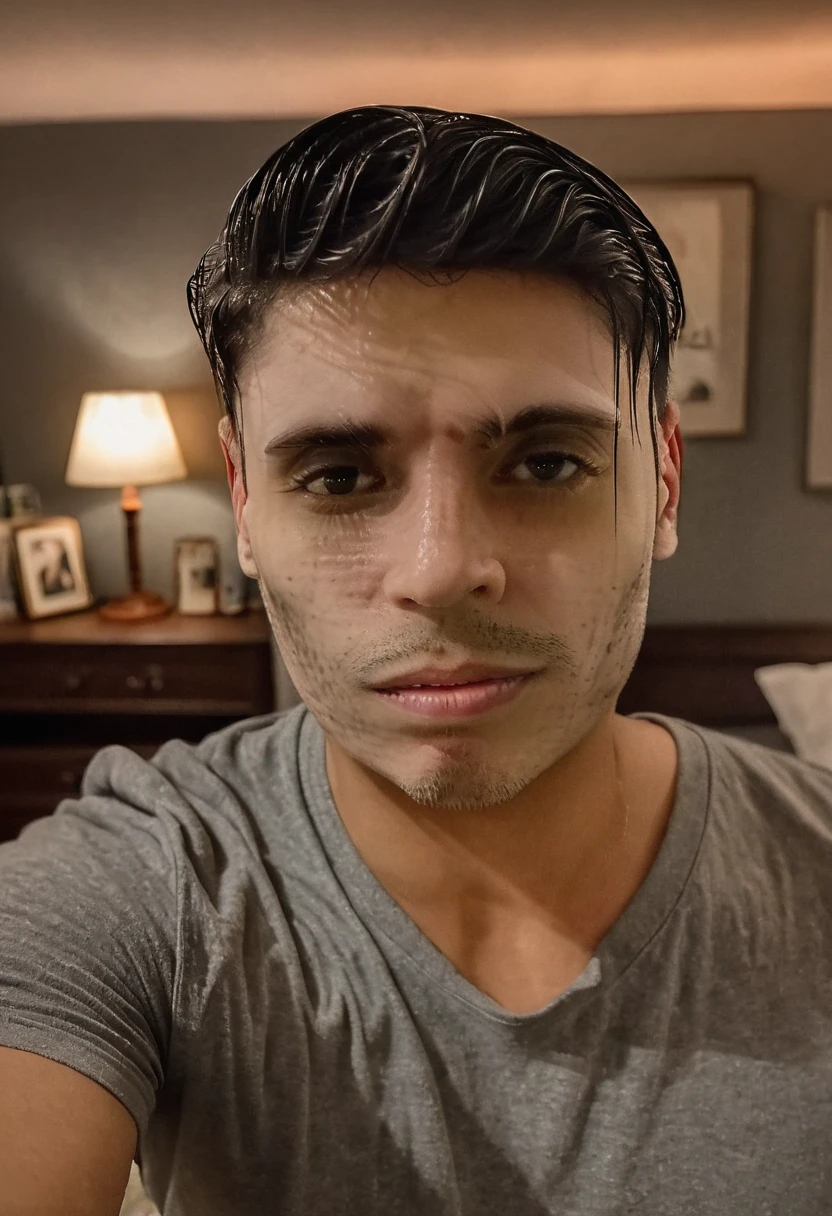 gu, a man taking a selfie in a bedroom, detailed facial features, high quality portrait, dramatic lighting, photorealistic, cinematic, moody atmosphere, warm color tones, shallow depth of field, beautifully lit, intricate details