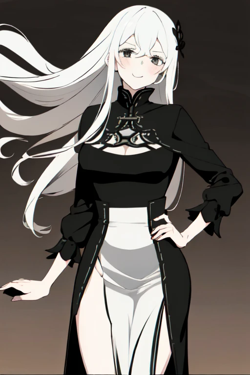 (work of art:1.2, best qualityer), (beautiful finely detailed gray eyes:1.2), (beautifull detailed face), long  hair, (Long hair blowing in the wind), colorfully, hyper detail, details Intricate, wall-paper, 1 girl, standing alone, Echidna, black gown, (detailed cyberpunk background), breasts big, gazing at viewer, smiling, side locks, long white hair, hair ornament, [へそ], trunk, sensual pose long sleeves, pale skin, blush.