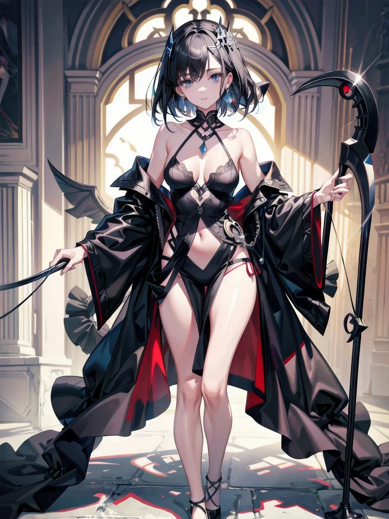 grim reaper, black scythe, absurdres, RAW photo, extremely delicate and beautiful, masterpiece, Best Quality, ultra high resolution, 32k, hyperrealistic, ultra-detailed, perfect anatomy, anatomically correct, perfect figure, Perfect Style, Perfect balance, super Detailed skin, in her 30s, very Slim body, narrow waist, very small head, very small face, delicate facial features, handsome detailed woman, very detailed eyes and face, realistic face proportions, Realistic beautiful face, Realistic beautiful eyes, tearful mole, earring, big tits, full body shot, bare legs, medium hair, indoor,