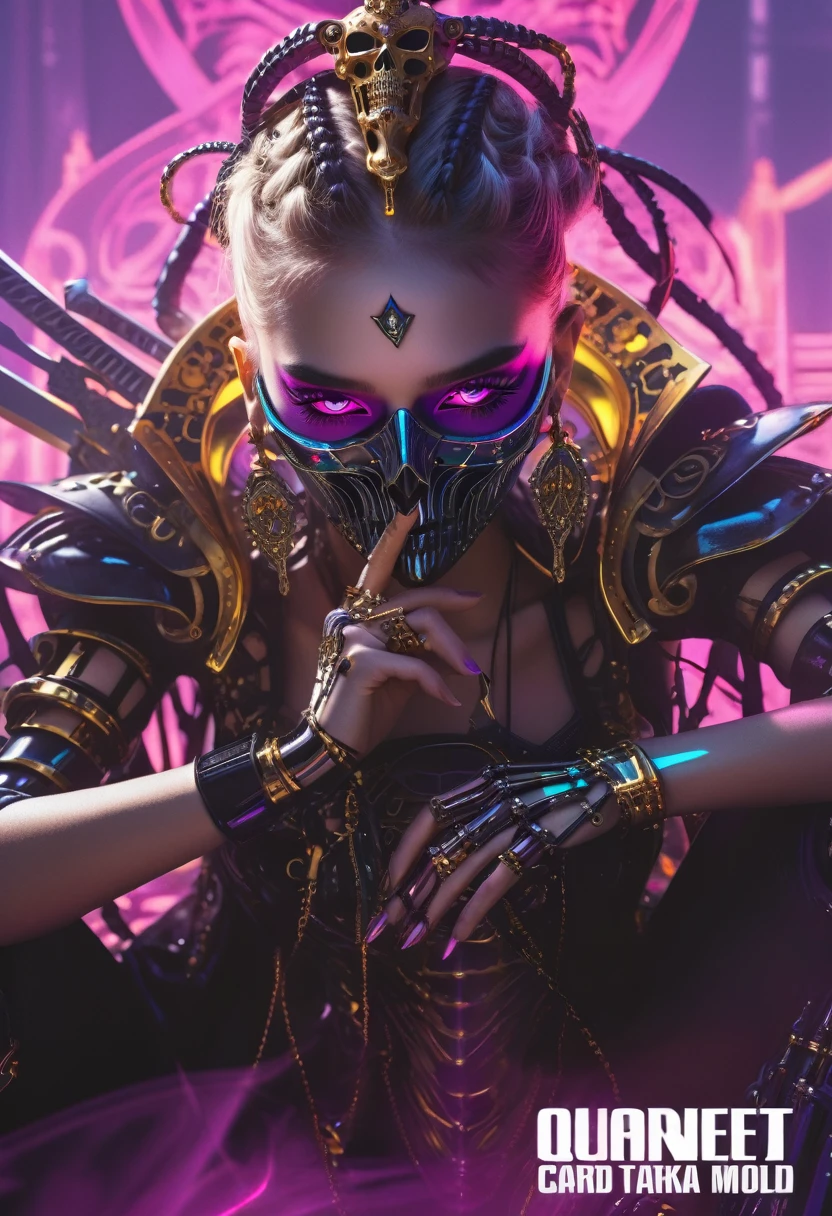 ( High quality , Ultra-detail, carefully with your hand )tarot card, chiaroscuro technique on sensual illustration of an queen of sword, a teenage fashion model wearing an exo-skeleton mask, vibrant colors, futuristic cyberpunk style, intricate details, cinematic lighting, dramatic pose, an elegant complex bio mechanical onyx and gold, intricate details, official art, unity 8k wallpaper, ultra detailed, beautiful and aesthetic, (in a room with black walls illuminated by violet neon lights :1.1)