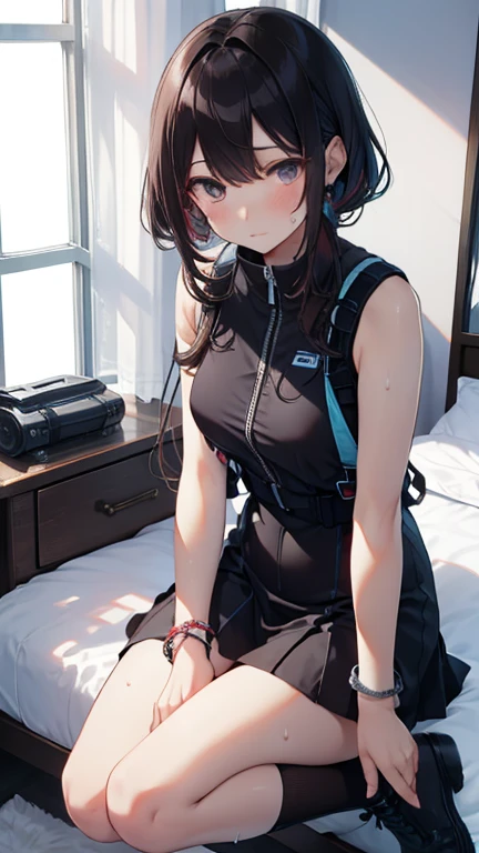 (Highest quality), (masterpiece), 1080P, High resolution, 4K, 8k, Thigh straps, Shooting from directly below, The woman on top of me, Nipples, 白いSweat, Covered , Sweat, Woman looking down, Micro Bikini, Skirt swimsuit, Thigh-high socks, To achieve this, 16 years old, Small breasts, whole body, Black leather shoes, Braided hair, Inner Color, Embarrassed face, Short black hair, bracelet, Bedroom,celestial body_Vest