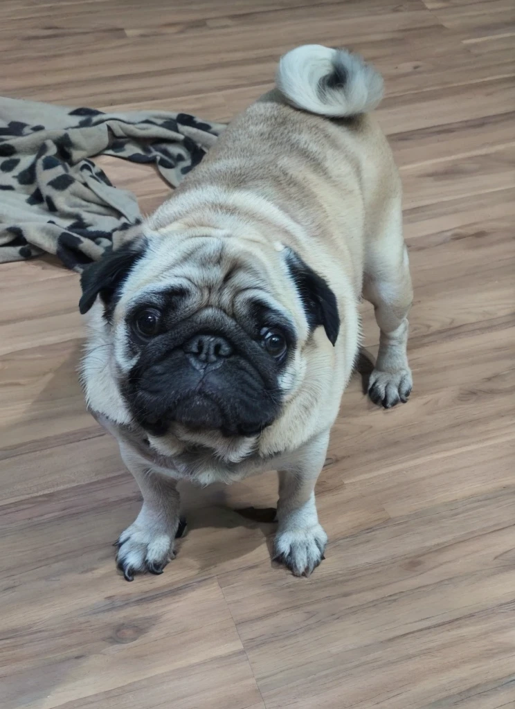 Digital influence pug dog, Pixar cartoon style