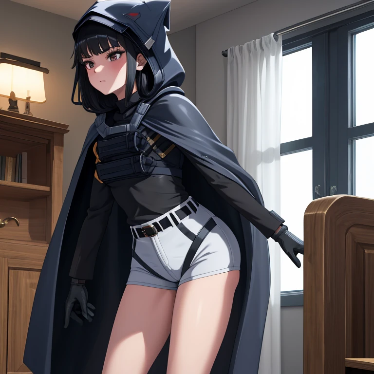 Solo, 1girl, dnikke, long sleeves, hood up, black shirt, gloves, shorts, cloak, cape, belt, tactical clothes, room, standing