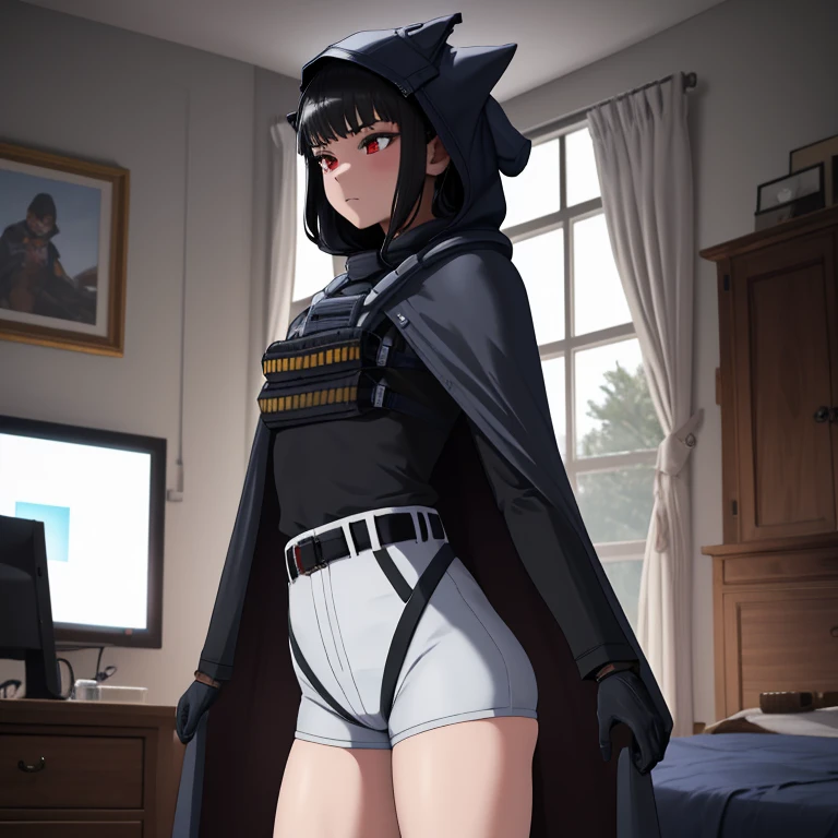 Solo, 1girl, dnikke, long sleeves, hood up, black shirt, gloves, shorts, cloak, cape, belt, tactical clothes, room, standing