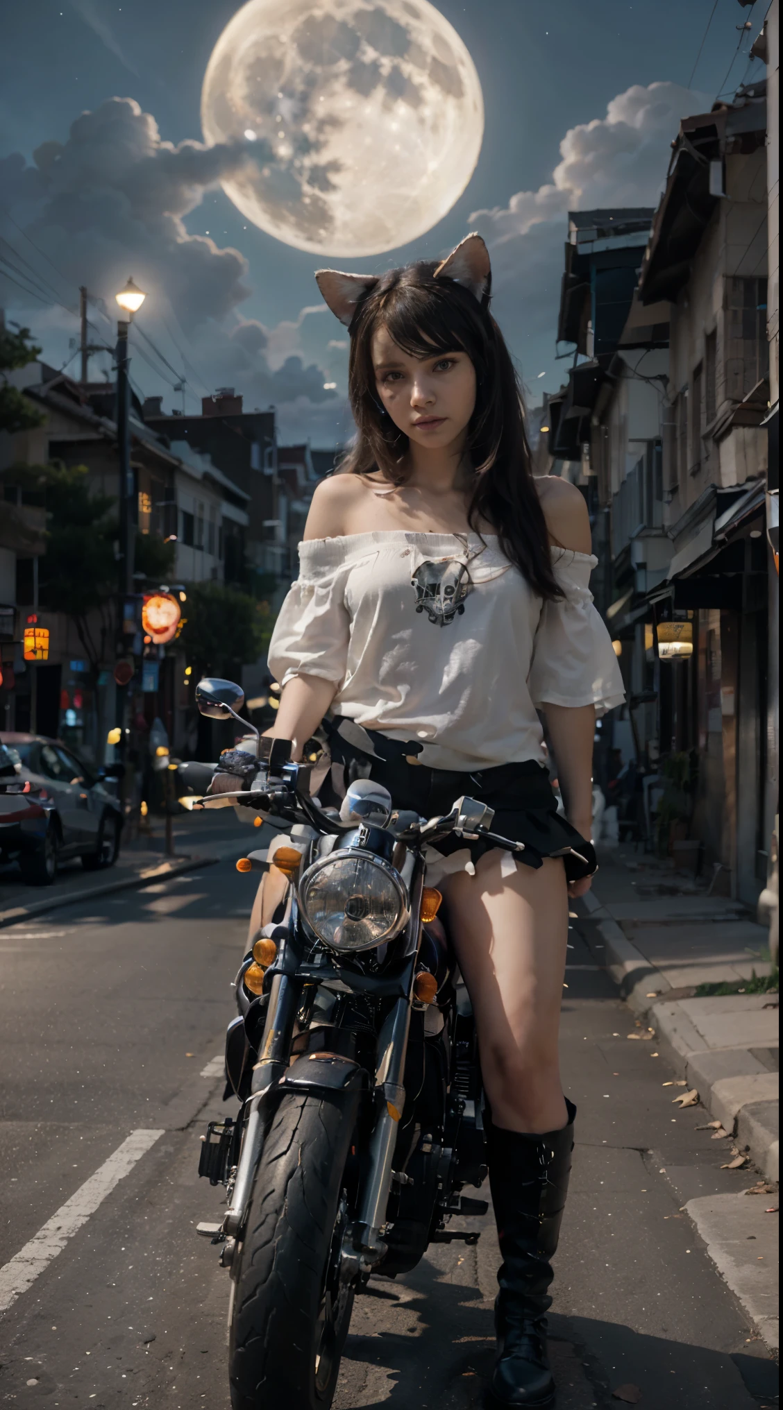 17-year-old Waifu  E-Girl, Cat Ears, Cat Tail, posando na frente de uma motocicleta futurista, the motorcycle has skulls and blue flames highly detailed 3D graphics, night scenery with full moon in the background, she is wearing a White Off-shoulder Blouse with 3D skulls and flames and Sailor Miniskirt, Pantyhose , HDR, epic realism, high-octane rendering, obra de arte,