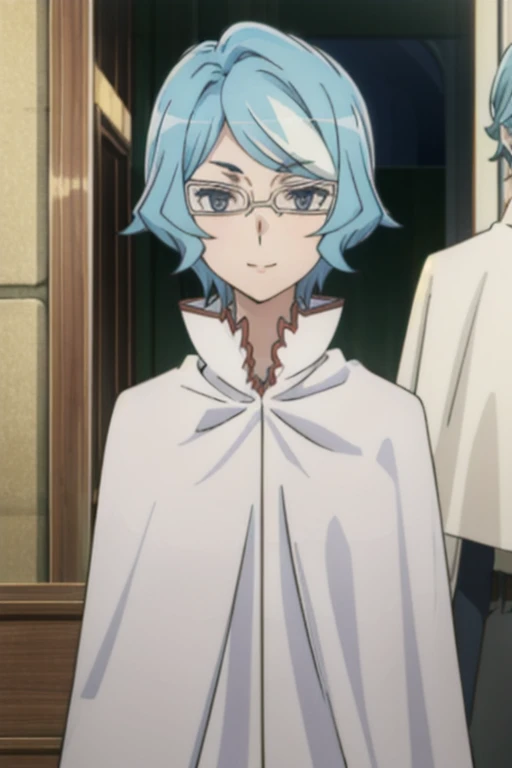 tall body, tall, long legs, smile, mature female, mature, adult, eft_danmachi_blue, glasses, 1girl, female focus, solo, upper body, looking at viewer, blue hair, blue eyes, short hair, white cape, closed mouth,