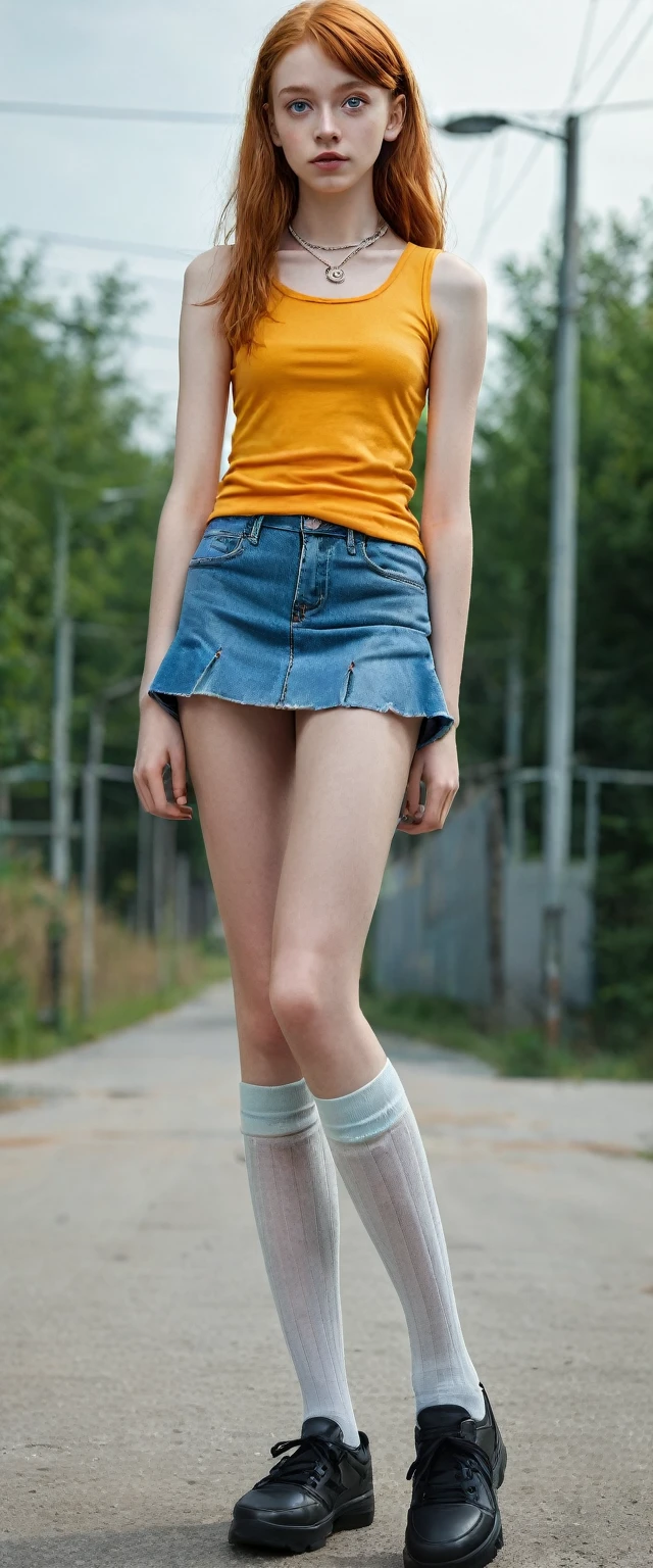 Photoshooting, 1 5 y.o.,very very skinny girl with a yelow tank top and short skirt,(best quality,4k,8k,highres,masterpiece:1.2),ultra-detailed,(realistic,photorealistic,photo-realistic:1.37) (looking at viewer), long socks with shoes, wide shot a beautiful woman, (modern photo), ( off-top ),((plain background orange)), 85mm, (analog, cinematic, film grain:1.3), detailed bulging eyes, painted lips, necklace, (epicPhoto), (looking at viewer), (((transparent top ))),(brakets)(realistic,photorealistic,photo-realistic:1.37) (looking at viewer), long socks with shoes, wide shot, 15 años, ginger girl