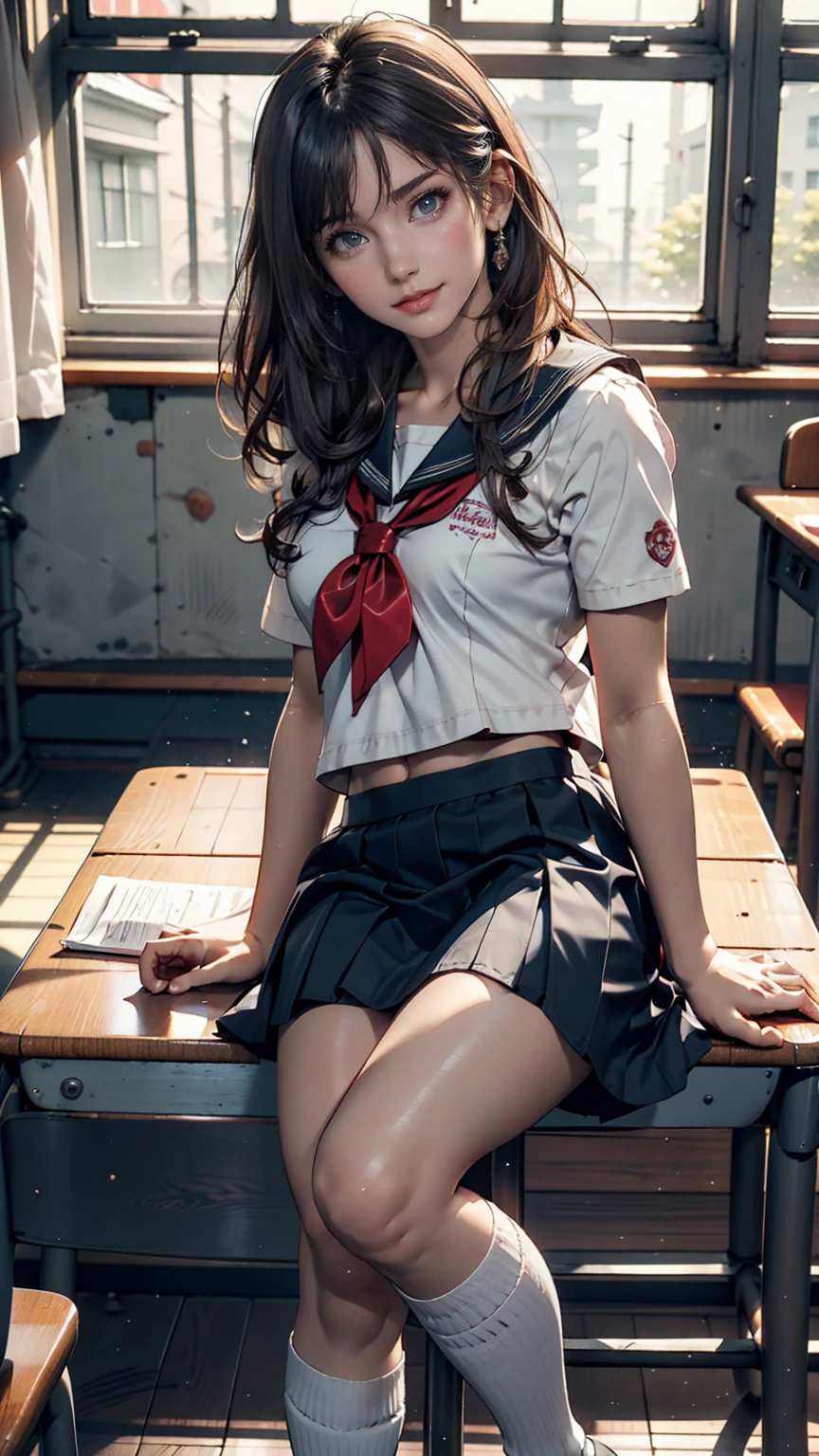 time々Arya next to me is whispering in Russian.、Russian women、high school girl、Sailor suit、mini skirt、Knee-high socks、Silver Hair、In the back of a Japanese high school classroom、Please sit down、smile