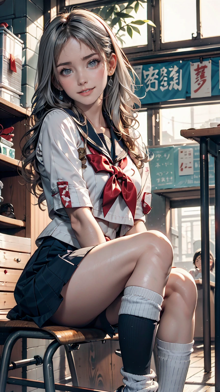 time々Arya next to me is whispering in Russian.、Russian women、high school girl、Sailor suit、mini skirt、Knee-high socks、Silver Hair、In the back of a Japanese high school classroom、Please sit down、smile