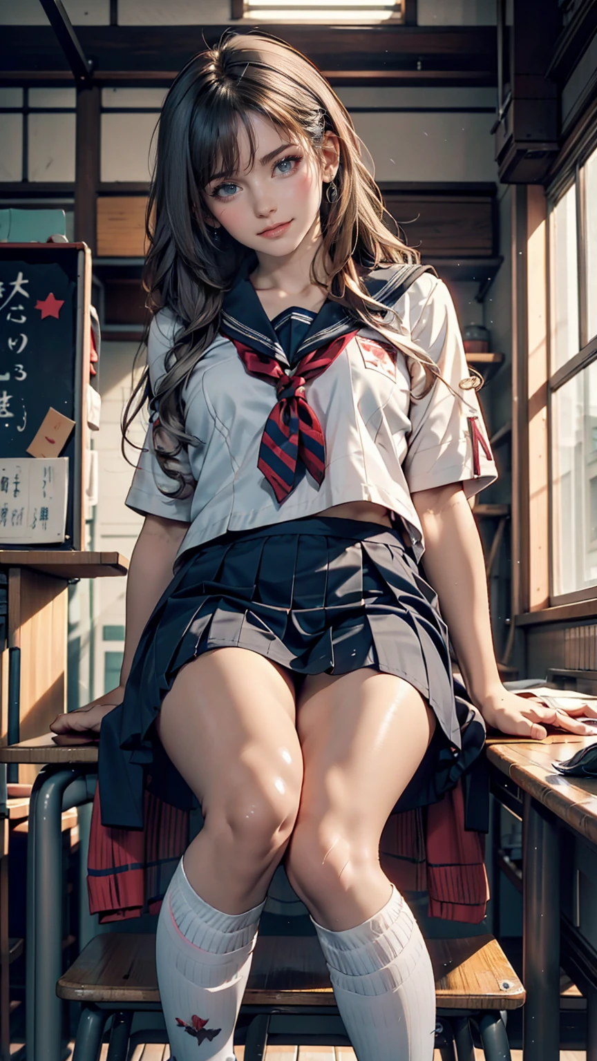 time々Arya next to me is whispering in Russian.、Russian women、high school girl、Sailor suit、mini skirt、Knee-high socks、Silver Hair、In the back of a Japanese high school classroom、Please sit down、smile
