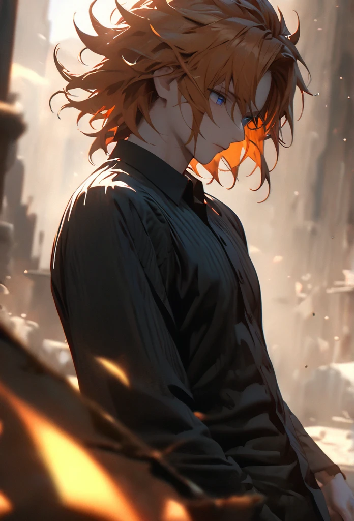 (solo), orange hair, messy hair, mane hair, short hair, dense hair, wild hair, expressive hair, mature,(25 year old), pale skin, blue eyes, ((male)), muscular body, wearing a black dress shirt,, handsome, attractive, eye reflection, depth of field, thunder aura,cinematic lighting, ray tracing, depth of field, cinematic lighting, ray tracing, UHD, high details, best quality, highres, high quality, award winning, super detail, masterpiece, 8k, UHD, high details, best quality, highres, high quality, award winning, super detail, masterpiece, 8k, digital art, anime coloring, full body shot, body shot, good face, perfect face, detailed face, good eyes