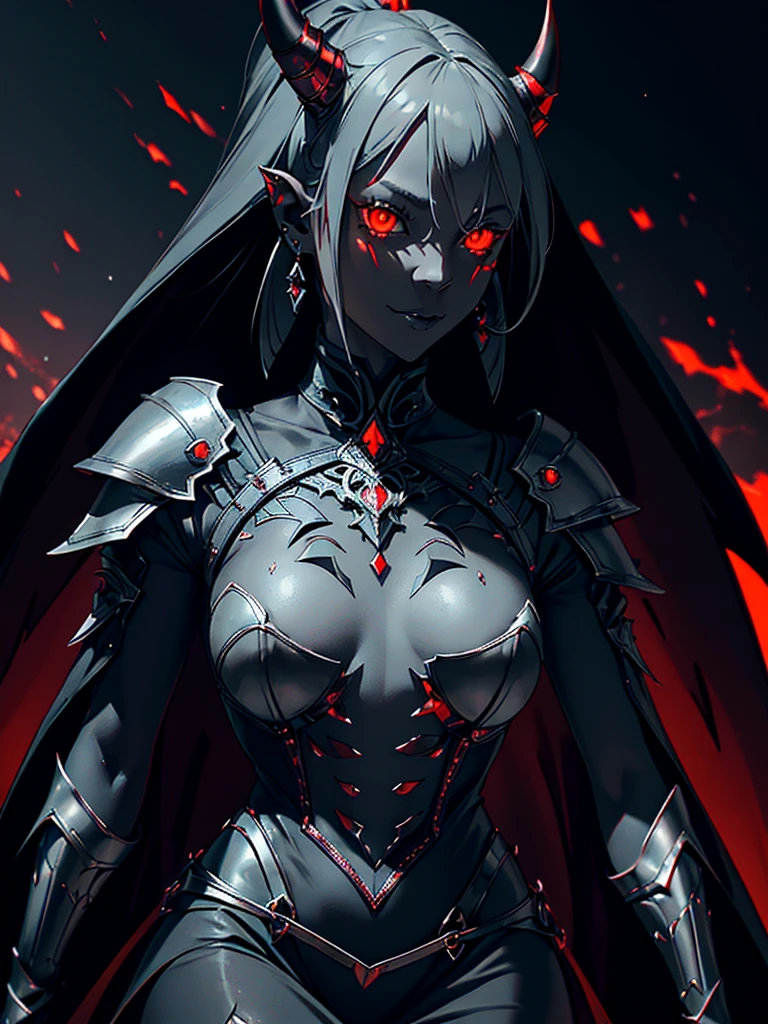 1girl, horror, (dark grey skin:1.5), true white long ponytail, ((perfect red eyes)), pointed ears, earrings, highly detailed mechanical horns, (small breasts), ((black gothic prom dress)), wearing black fur cloak, bone armor, skull armor, volumetric lighting, ethereal fog, dark background, ultrasharp, best quality, masterpiece, realistic, anatomically correct, (strong cinematic lighting), ((rim lighting)), stunning details, intricate details, 8k post-production, high resolution, super details, sharp focus, depth of field f/1.8, studio photos, (((looking at camera)))