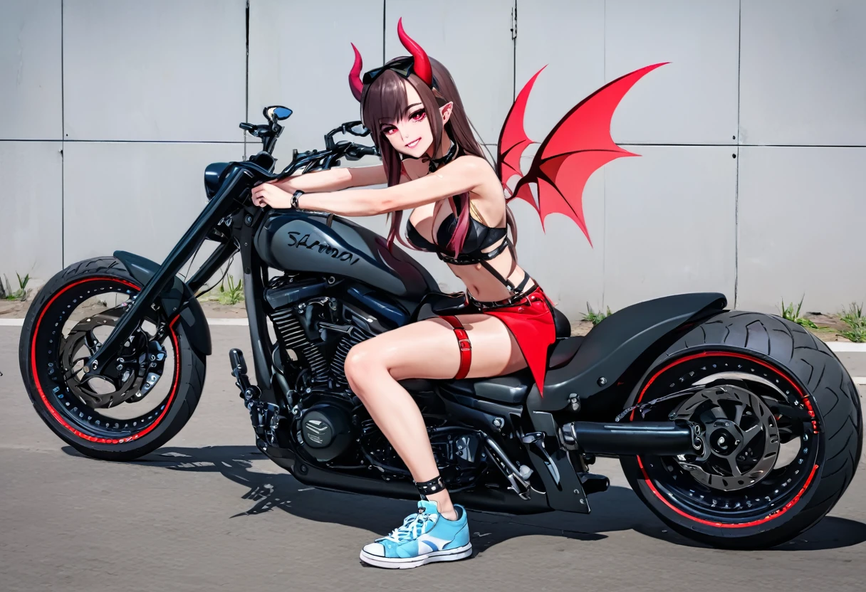 Motorcycle, Adriana Chechik in sneakers,(((succubus))),(((damon wings))),(((damon horns))),(smile)