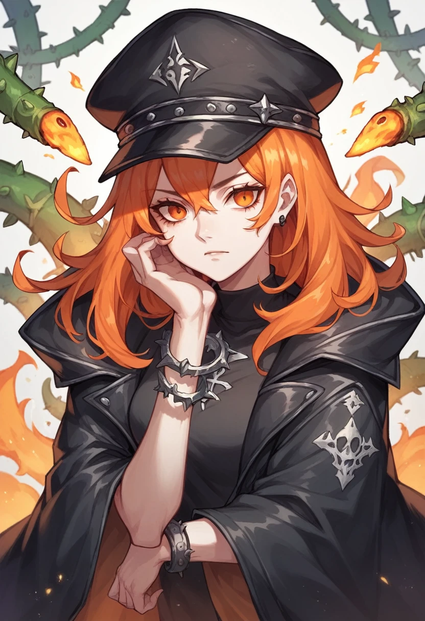 アニメ, White girl , fire orange hair, orange eyes, black captain hat, black overcoat,black jersey ,bracelets with thorns, darkcore