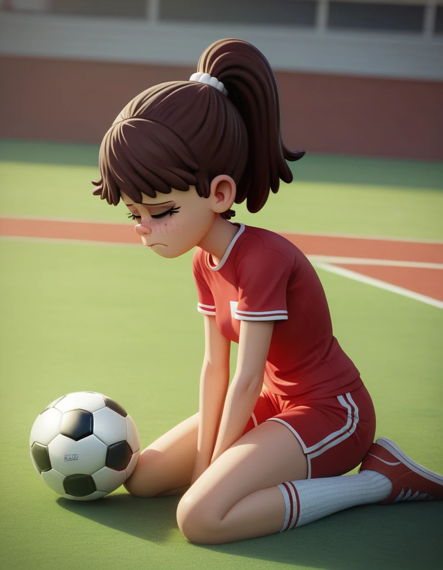 Lynn Loud from The Loud House, brown hair, ponytail, red shirt, red track shorts, white knee-high socks, black cleats shoes, kneeling, side view, blowjob, soccer court, 3d, angry, crowd, people
