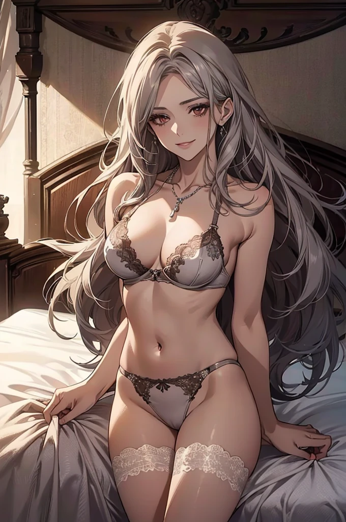 (Highest quality, High resolution, Very detailed), Silver Hair, Long Hair, Reddish brown eyes, lace thong bra, NUDE, Large Breasts, lie on own back, overhead shot, Large Breasts, Perfect Makeup, necklace, 24th generation, Beautiful woman, mature, quiet, Calm, A small smile, bed,