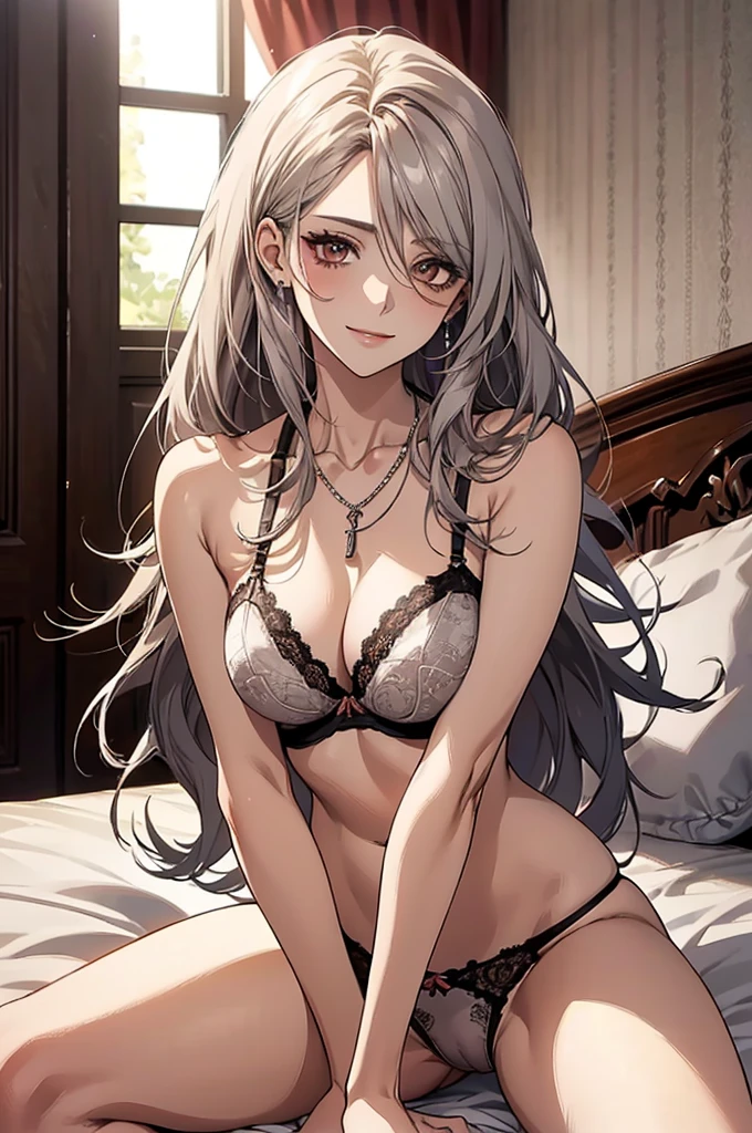 (Highest quality, High resolution, Very detailed), Silver Hair, Long Hair, Reddish brown eyes, lace thong bra, NUDE, Large Breasts, Large Breasts, Perfect Makeup, necklace, 24th generation, Beautiful woman, mature, quiet, Calm, A small smile, bed, sitting,