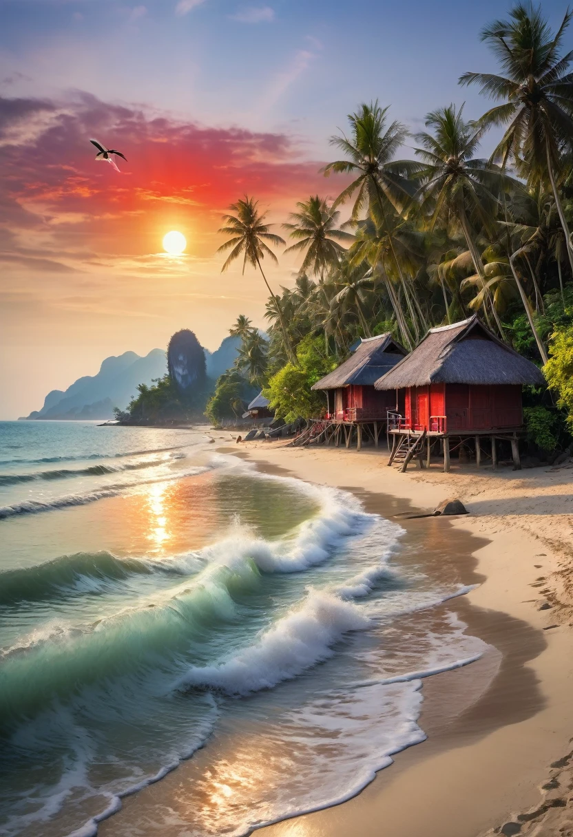 Picturesque village landscape set on the shore of a tranquil sea in Thailand. morning red sun Create a magical atmosphere Village of bamboo huts with thatched roofs Coconut trees sway gently, birds search for food, waves crash on the shore and fishing boats float in the water, Carl Larsson, Fujicolor, UHD