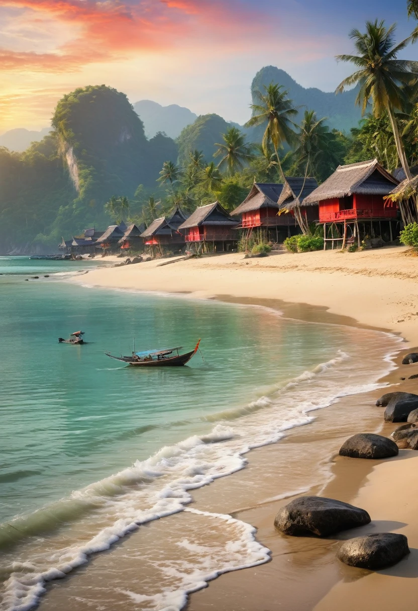 Picturesque village landscape set on the shore of a tranquil sea in Thailand. morning red sun Create a magical atmosphere Village of bamboo huts with thatched roofs Coconut trees sway gently, birds search for food, waves crash on the shore and fishing boats float in the water, Carl Larsson, Fujicolor, UHD