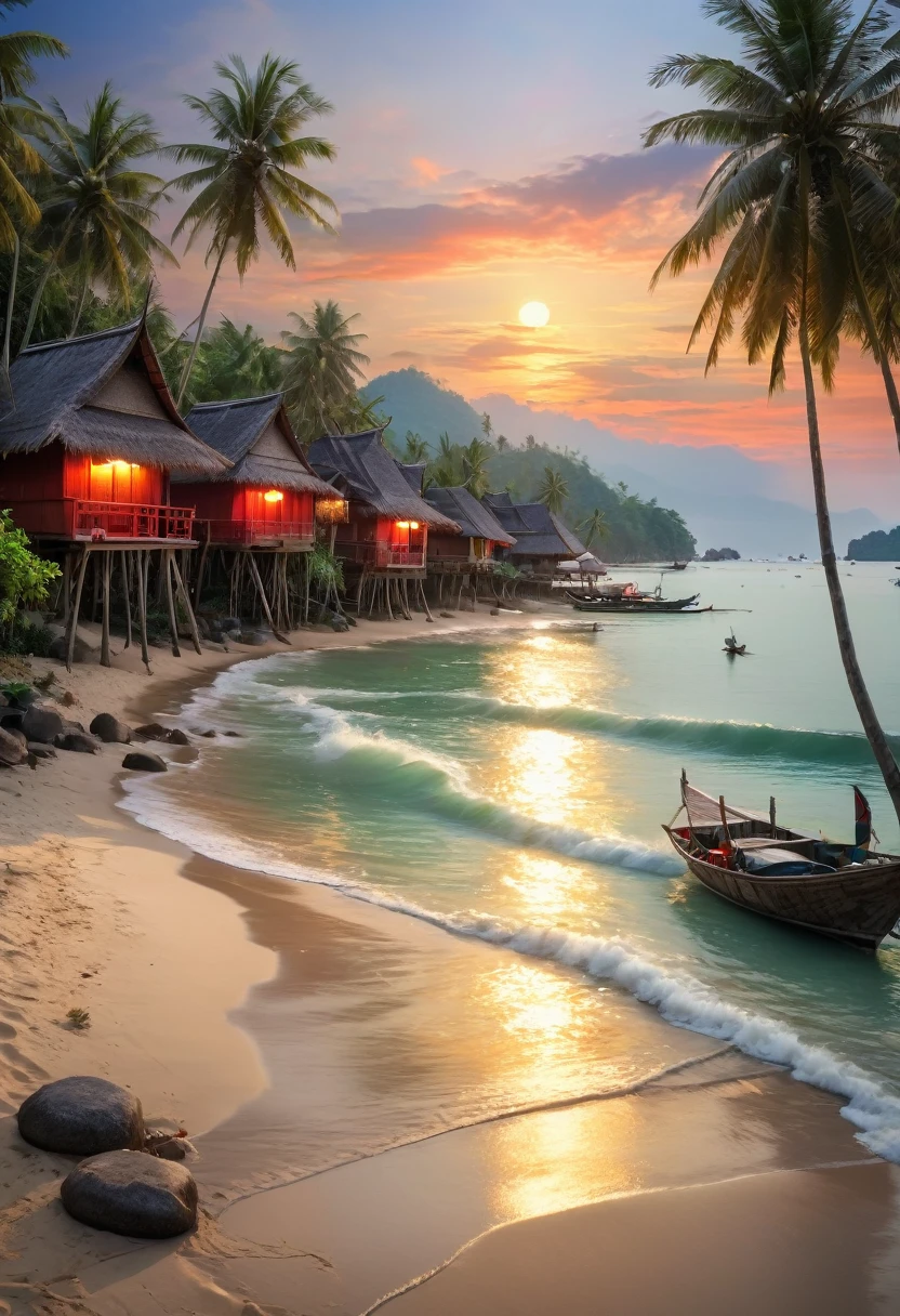 Picturesque village landscape set on the shore of a tranquil sea in Thailand. morning red sun Create a magical atmosphere Village of bamboo huts with thatched roofs Coconut trees sway gently, birds search for food, waves crash on the shore and fishing boats float in the water, Carl Larsson, Fujicolor, UHD