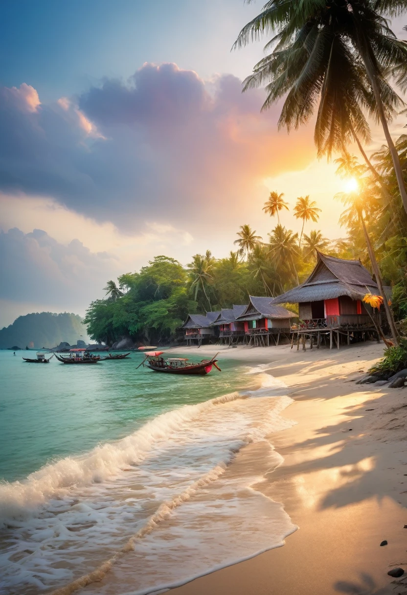 Picturesque village landscape set on the shore of a tranquil sea in Thailand. morning red sun Create a magical atmosphere Village of bamboo huts with thatched roofs Coconut trees sway gently, birds search for food, waves crash on the shore and fishing boats float in the water, Carl Larsson, Fujicolor, UHD