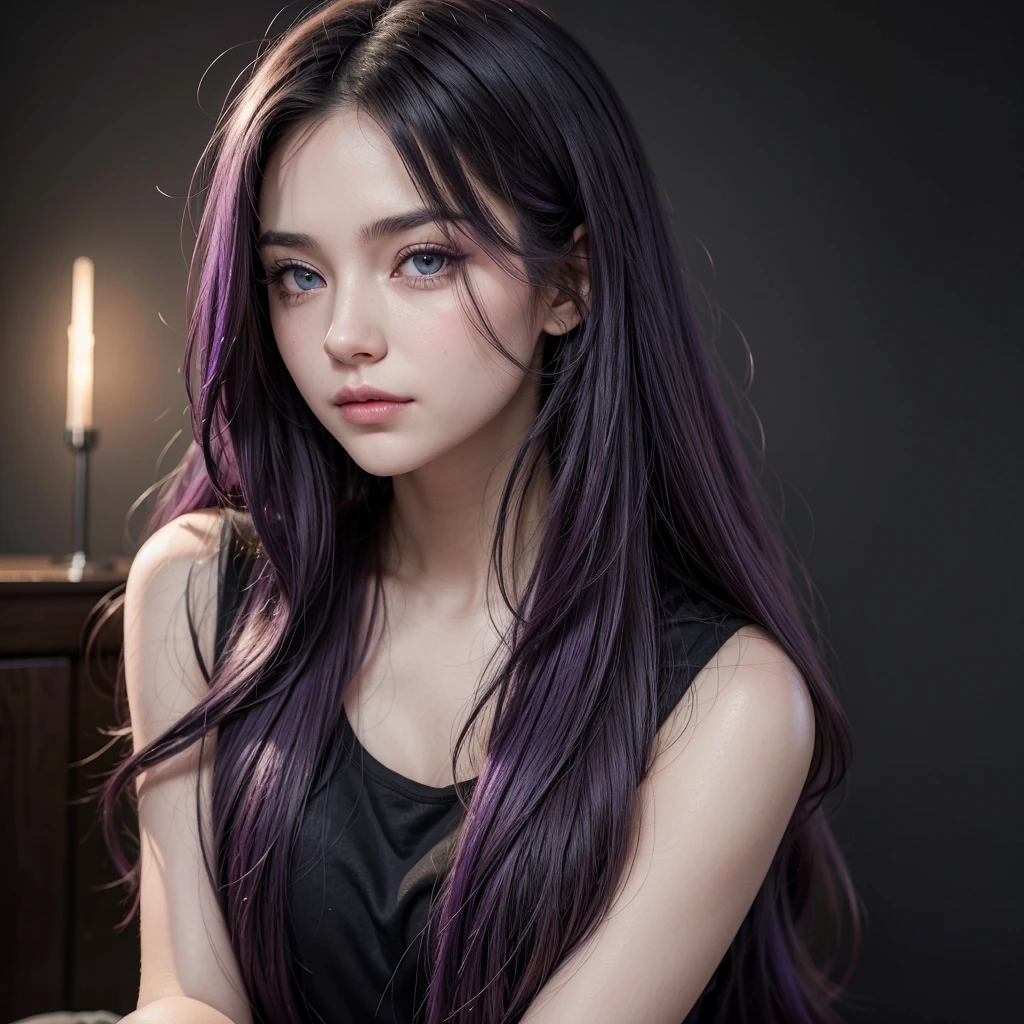 A beautiful girl with long, flowing purple hair styled in loose waves. She is wearing a black t-shirt that contrasts elegantly with her vibrant hair. The portrait is taken from the front, with her gazing directly into the camera. Her eyes are a light, striking shade of purple, adding a captivating and mystical touch to her overall appearance. Her expression is confident and engaging, highlighting the unique combination of her hair and eye color.