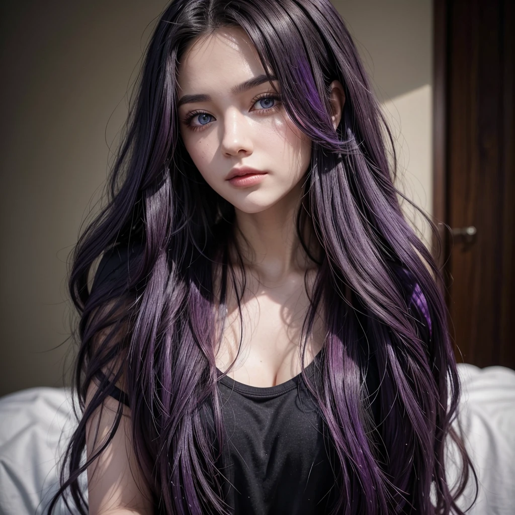 A beautiful girl with long, flowing purple hair styled in loose waves. She is wearing a black t-shirt that contrasts elegantly with her vibrant hair. The portrait is taken from the front, with her gazing directly into the camera. Her eyes are a light, striking shade of purple, adding a captivating and mystical touch to her overall appearance. Her expression is confident and engaging, highlighting the unique combination of her hair and eye color.