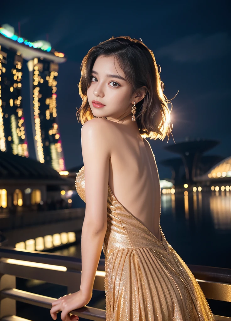 24year old beautiful girl、Beauty、Japanese、Beauty、beautiful girl、slim、Back view、turn around、Highest quality、Realistic、16K、panoramic、((Best Quality, 8k, Masterpiece: 1.3)), 1 girl, full body, slim face, beautiful woman,Only one girl、((Perfect body)))、(masterpiece)、((Highest quality))、(Ultra-detailed)、One girl, Beautiful Korean Girl, Standing in front of the Marina Bay Sands Hotel, Beautiful above-the-knee dress, Detailed face, Detailed eyes, Detailed lips, Long eyelashes, Detailed fingers, Elegant Dresses, Beautiful background, Singapore, Ultra-detailed, 8k, Realistic, Cinema Lighting, Vibrant colors, Fantasy art, masterpiece