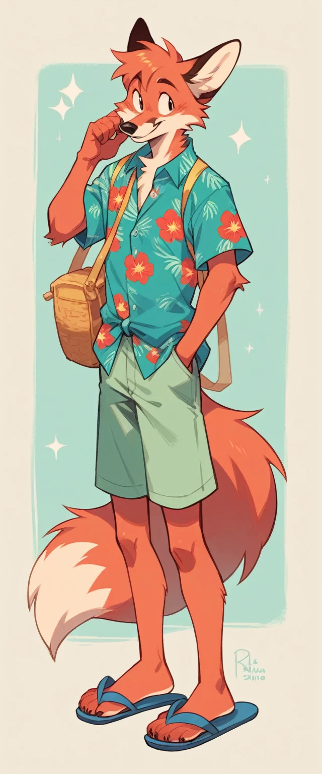 Pale red fluffy fox in a full-length turquoise Hawaiian shirt and flip-flop slippers