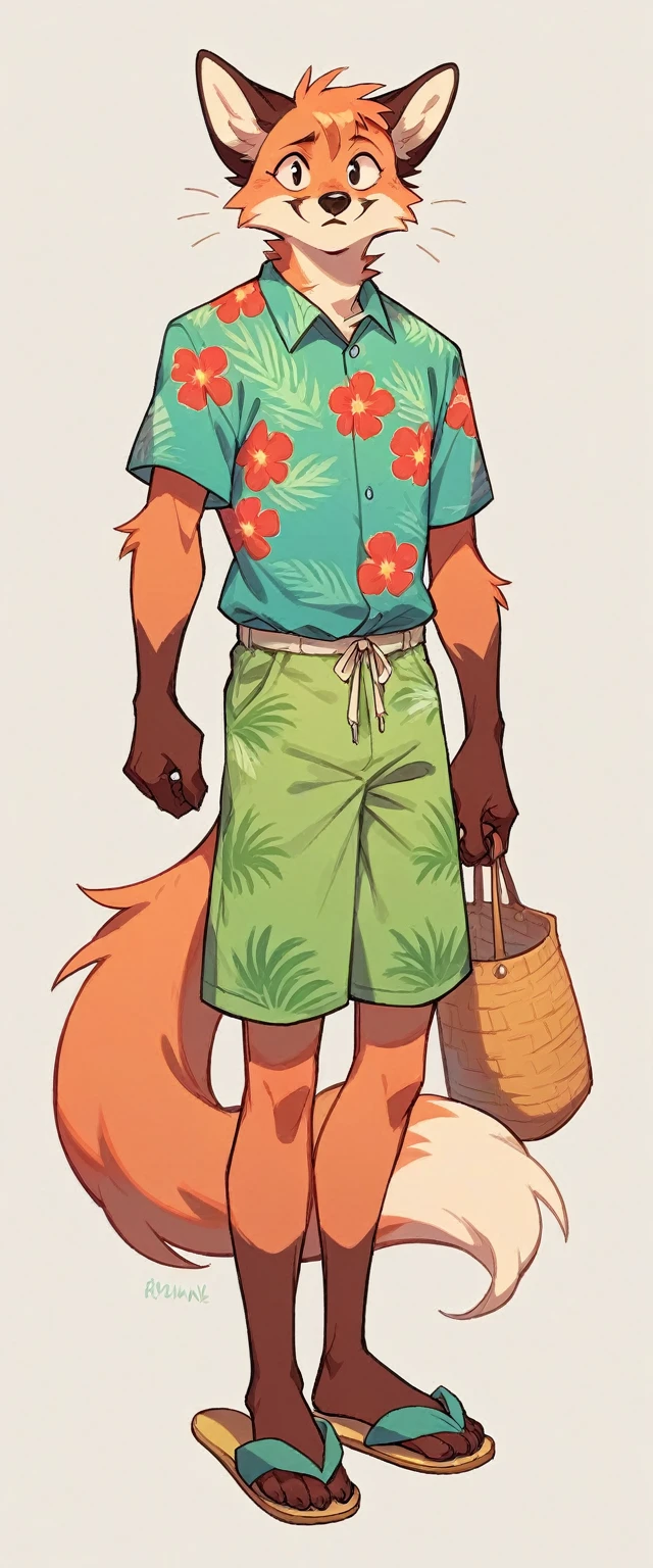 Pale red fluffy fox in a full-length turquoise Hawaiian shirt and flip-flop slippers
