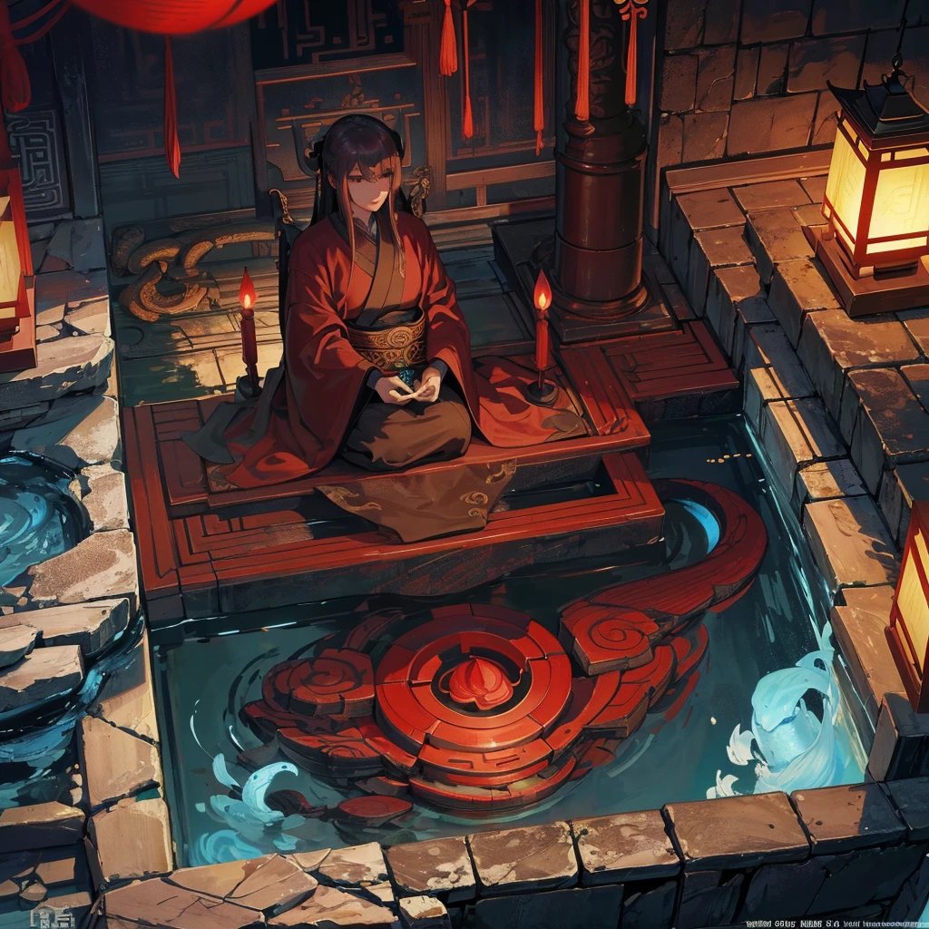ancient China, Temple, (Mysterious black mist), journey to the west, judge, elder, Glazed tiles, Buddhist statue, Lantern, Absurd, Realistic lighting, (abyss) masterpiece, high quality, Beautiful graphics, Attention to detail, seabed, Water Prison, male, Snake Spirit
