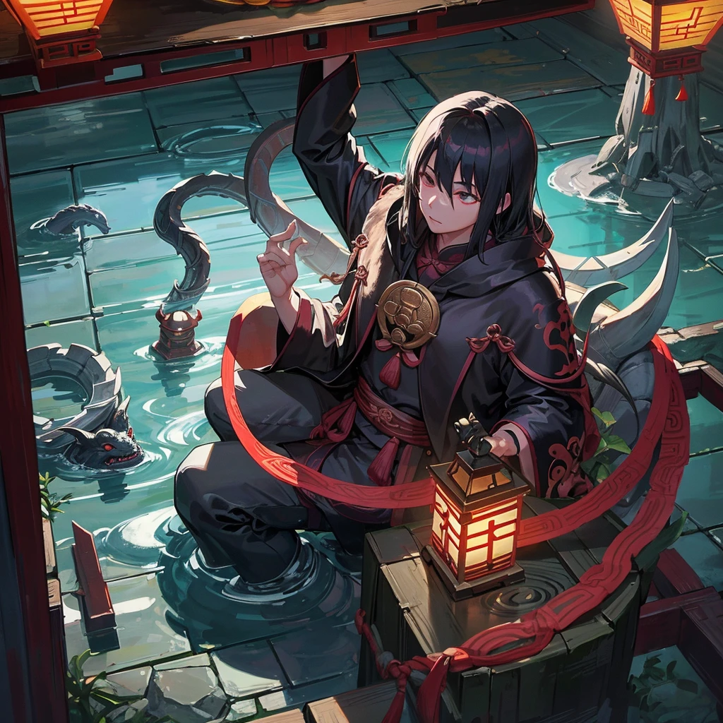 ancient China, Temple, (Mysterious black mist), journey to the west, judge, elder, Glazed tiles, Buddhist statue, Lantern, Absurd, Realistic lighting, (abyss) masterpiece, high quality, Beautiful graphics, Attention to detail, seabed, Water Prison, male, Snake Spirit