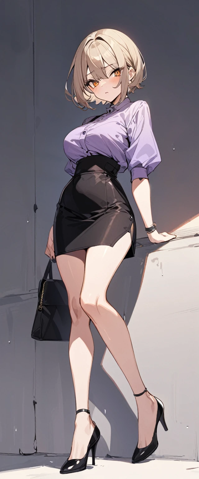 A woman big breasted sexy cute beautiful ash blonde hair round short messy cut her slanted orange eye wears white blouse under simple purple shirt and a tight black skirt black heel