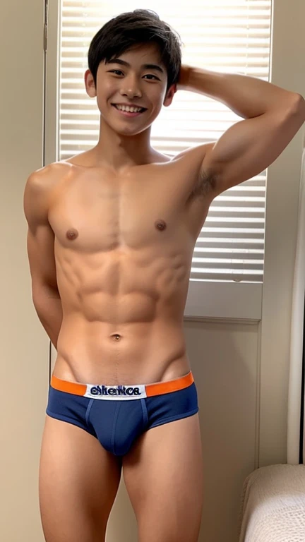Japanese men、s old、Muscles and smooth skin、Very short black hair、A relaxed and friendly smile、Showing off his thin orange boxer briefs、The whole body is well visible、Pumping one's fist in a tiny bathroom、