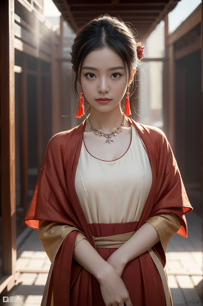 最high quality, masterpiece, High resolution, One girl, Chinese Hanfu,Chinese Architect Background, Red scarf, hair ornaments,necklace, jewelry,Beautiful Face,On top of that_body, Tyndall effect,Realistic, Dark studio, Rim Light, Two-tone lighting,(Skin with attention to detail:1.2), 8k uhd, Digital SLR, Soft lighting, high quality, Volumetric lighting, Frank, photograph, High resolution, 4K, 8k, Bokeh,